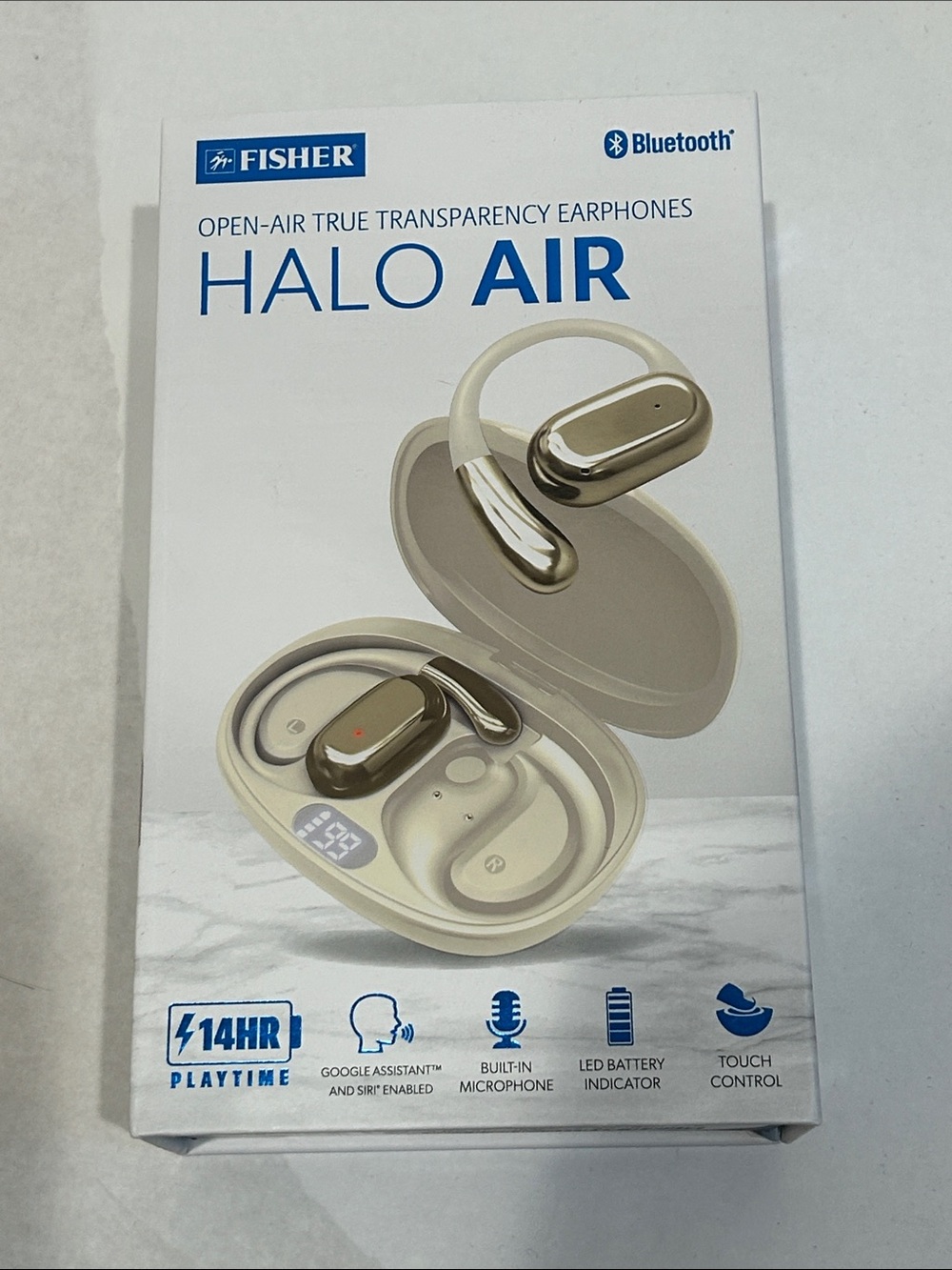 Fisher Halo Air Open-Air True Transparency Earbuds in Beige and Gold new in box